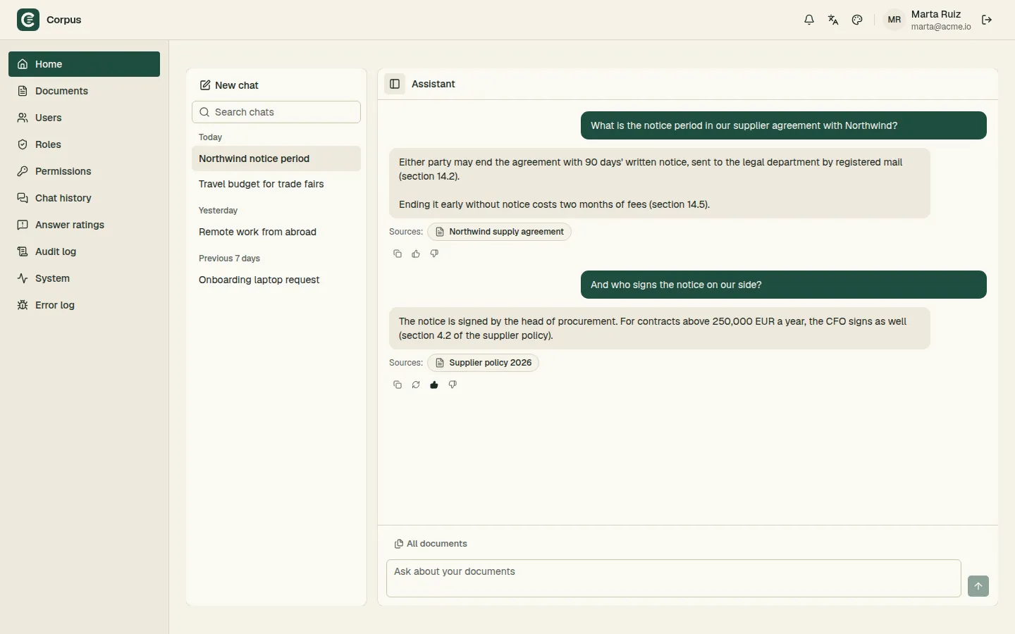 The Corpus assistant answering with its sources, in the Ledger theme