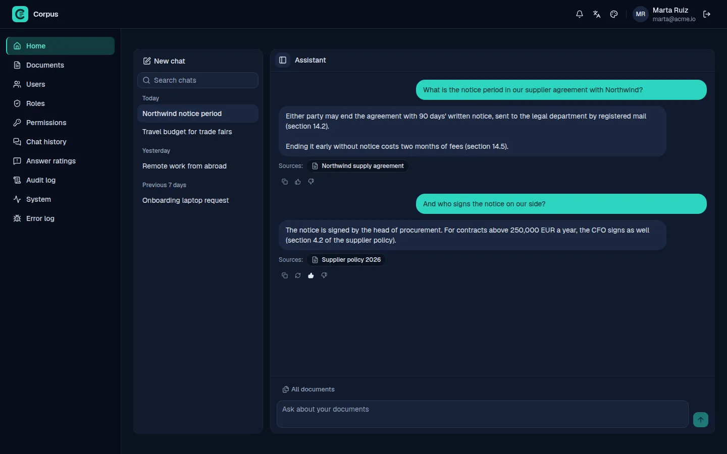 The Corpus assistant answering with its sources, in the Midnight theme